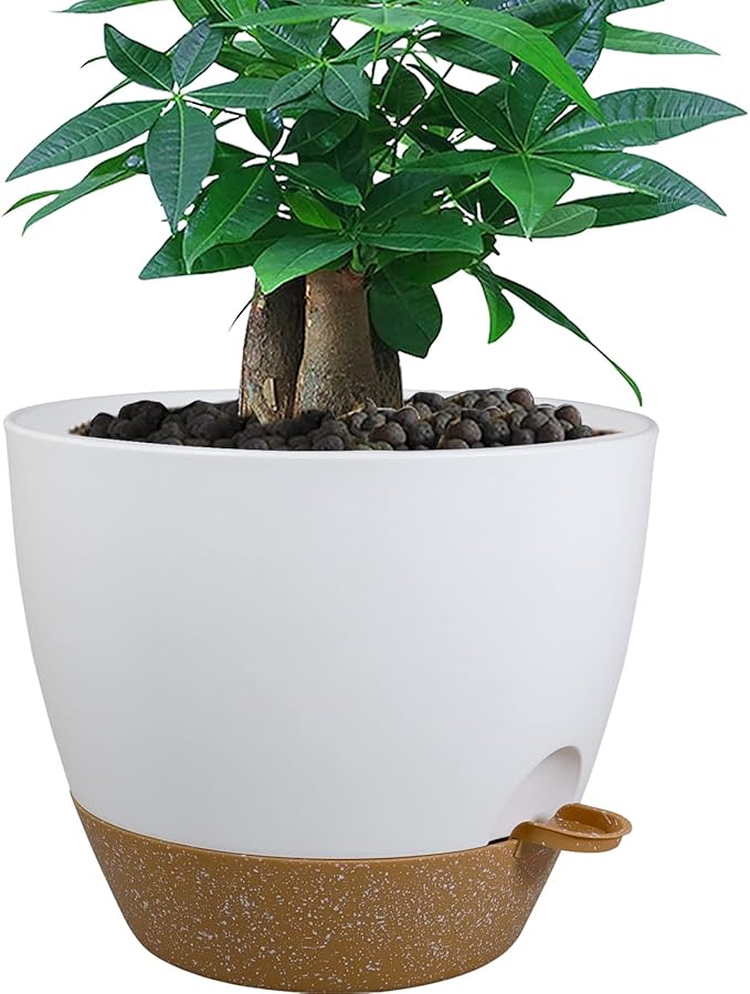 12 inch Large Self Watering Pots, Plastic Planters with 60oZ Removable Deep Reservoir and Multi Mesh Drainage Holes for Indoor Outdoor Garden Plants and Flowers, White with Brown-VerdiqueGarden