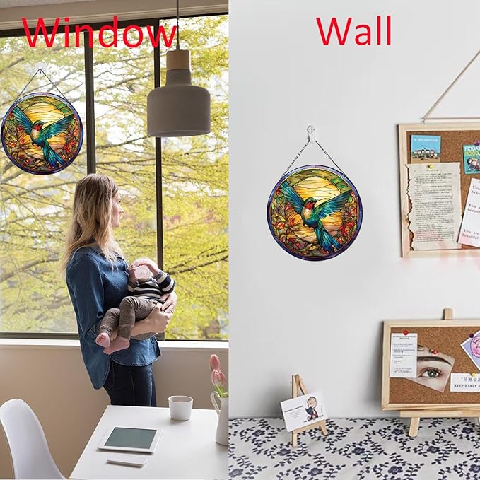 Hummingbirds Pattern Stained Glass Suncatchers for Windows,Hanging Stained Glass Suncatcher,20cm/7.87inch Hand-Painted Sun Catcher Garden Hangings Painted Glass Panel Decor Themed Gift-VerdiqueGarden