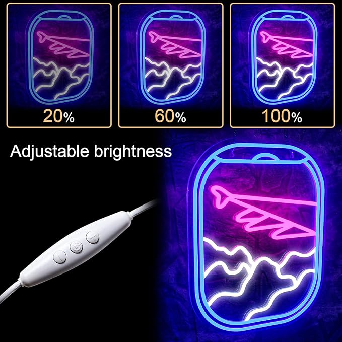 WLHOPE Airplane Window View Neon Signs Blue Pink LED Neon Sign for Wall Decor, USB Plane Window Clouds Neon Light Up Signs for Bedroom Living Room Game Room Office Shop Airport Wall Art Decor-VerdiqueGarden