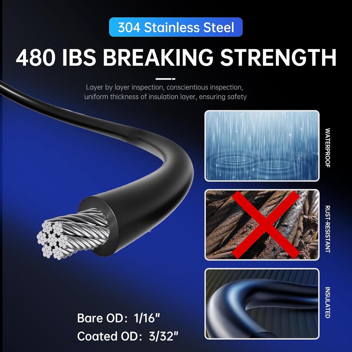 164FT Black Vinyl-Coated 304 Stainless Steel Cable – Heavy Duty String Lights Hanging Kit with Turnbuckle, Thimble & Hooks for Outdoor, Patio, Garden, Christmas Lights-VerdiqueGarden