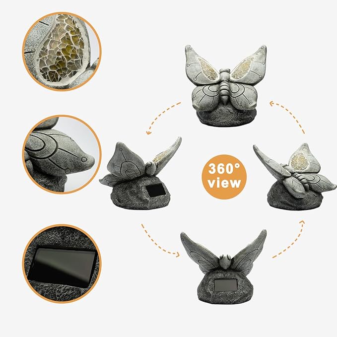 Garden Statue Butterfly,Solar Butterfly Decor for Outdoor,Resin Butterflies Figurine with Solar Light for Patio,Balcony,Yard,Lawn Ornament,Perfect Garden Gift-VerdiqueGarden