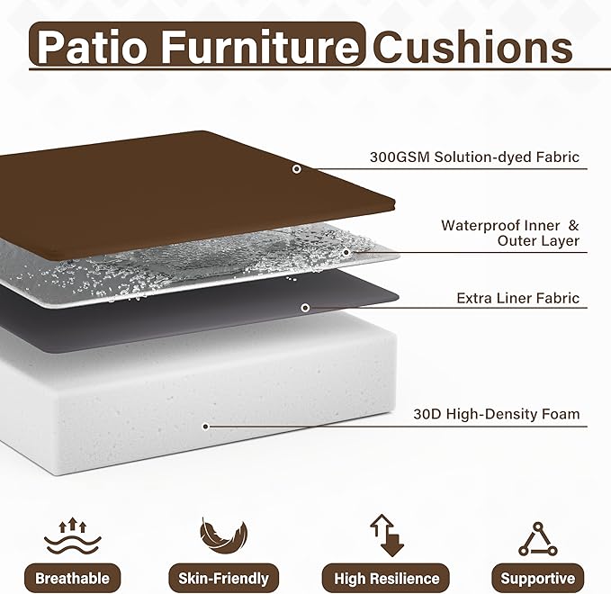 Patio Chair Cushions 18.5 X 16 X 4 Inch Waterproof Outdoor Seat Cushions for Patio Furniture, Outdoor Sofa Couch Pads with Ties & Handle, Set of 2, Chocolate-VerdiqueGarden