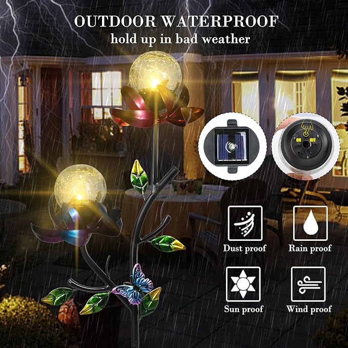 VCUTEKA Solar Garden Light Solar Flowers Light with LED Crackle Glass Globe Solar Lights Outdoor Metal Garden Stake Wind Spinner for Garden Decoration, Patio Decor, Yard Decor and Gift for Mother-VerdiqueGarden