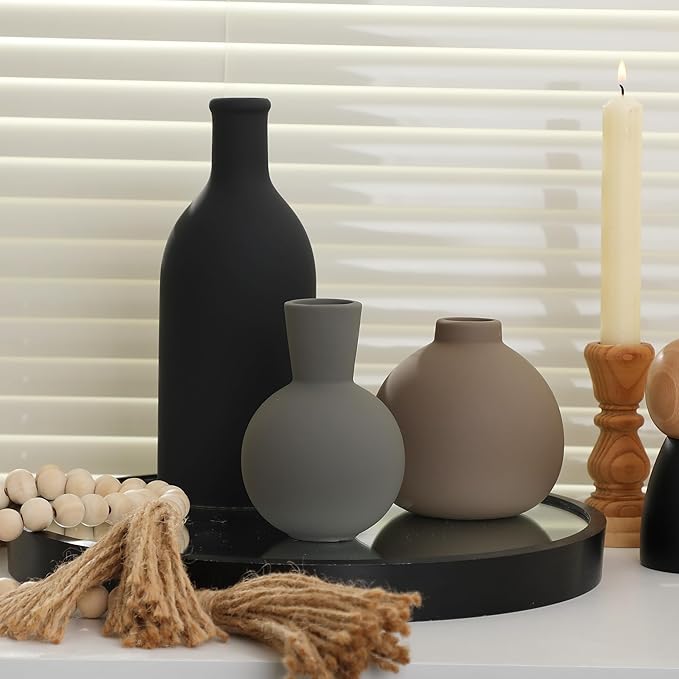 Ceramic Vase Set of 3, Vases Home Decor Rustic Farmhouse Decor Pottery Vases for Bouquet Pampas Grass Dried Fresh Flowers, Living Room, Kitchen, Bedroom, Bathroom, Entryway Mantel, Decor -Multicolor-VerdiqueGarden