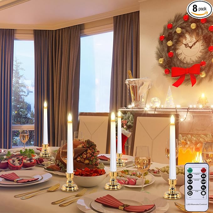 JOSU Taper Battery Operated Candles: 8PCS Flickering Flameless Candles with Timer - 3D Wick Fake Window Candle Outdoor +8 Gold Candlesticks, for Home Decor & Festival Celebration-VerdiqueGarden