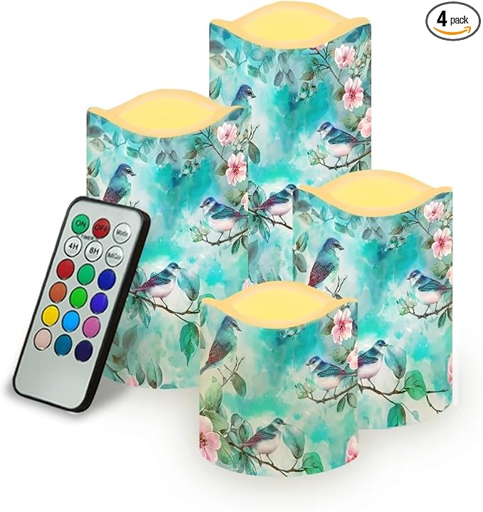 Ystardream Light Candles 4 Pack Battery Operated Color Changing Timer Remote Control Fake Pillar Tealights Beach Wedding Home Indoor Decor Modern Hummingbirds-VerdiqueGarden