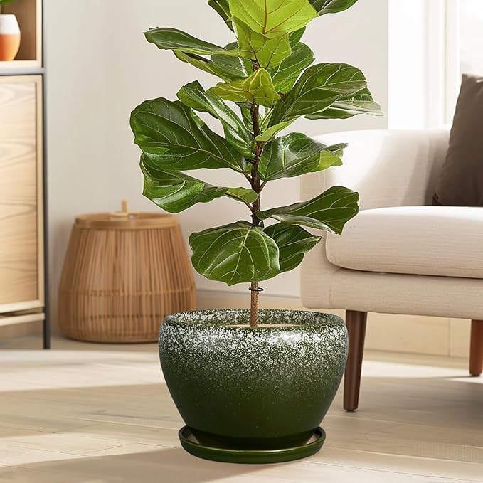 10 Inch Planter Pot - Ceramic Pots for Plants with Drainage Hole and Saucer, Round Large Flower Pot for Indoor Plants, Dark Green-VerdiqueGarden