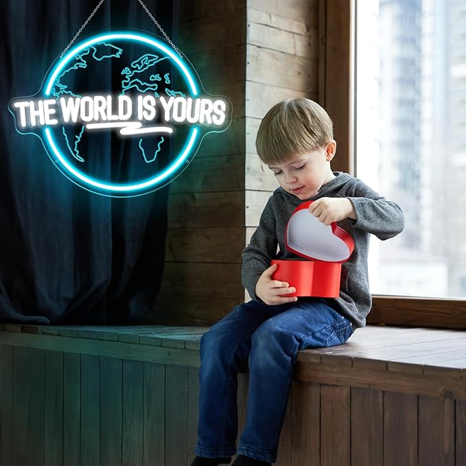 The World Is Yours Neon Sign, Carved Planet The World Is Yours LED Neon Light Signs for Wall Decor, Light Up Signs for Man Cave Game Room Bedroom Birthday Gift-VerdiqueGarden