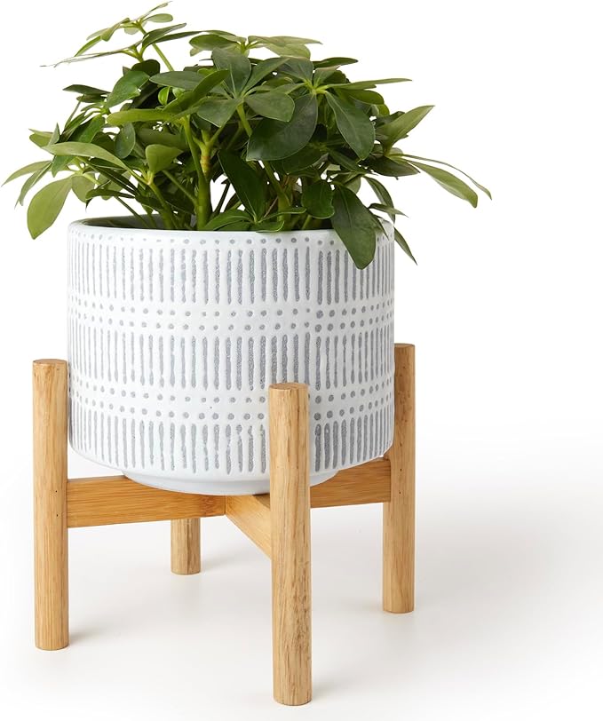 LA JOLIE MUSE Ceramic Plant Pot with Wood Stand - 9.4 Inch Modern Round Decorative Flower Pot Indoor with Wood Planter Holder, Slate Blue and White-VerdiqueGarden