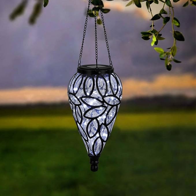 Solar Hanging Lantern Outdoor Lights, Tear-Shaped 15 LEDs Cool White Hanging Lights with S Hooks Decor in Garden, Yard, Pathway, Front Door and Landscape-VerdiqueGarden
