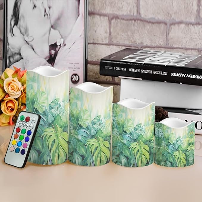 Ystardream Tropical Leaf Flameless Candles with Remote Battery Operated Candles Realistic LED Candles with Remote and Timer Set of 4 for Home Wedding Birthday Decorations-VerdiqueGarden