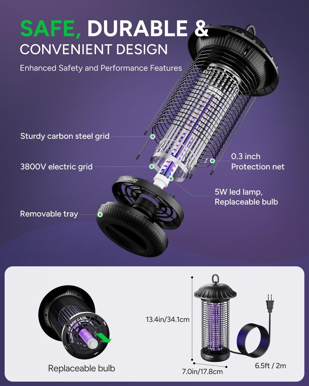 Buzbug LED Bug Zapper Indoor Outdoor, 10 Years Lifespan, 6.5ft Power Cord, IPX4 Waterproof, High-Voltage, Mosquito Zapper, Fly Trap Mosquito Trap, Fly Killer Fly Zapper -MO008C-VerdiqueGarden