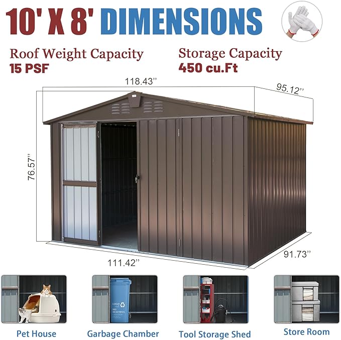 Domi Outdoor Storage Shed 10' x 8’, Metal Garden Shed with Galvanized Steel Frame for Bike, Tools, Lawn Mowers, Pool Toys, Outdoor Storage Cabinet with Lockable Door for Garden Lawn Patio (Dark Brown)-VerdiqueGarden