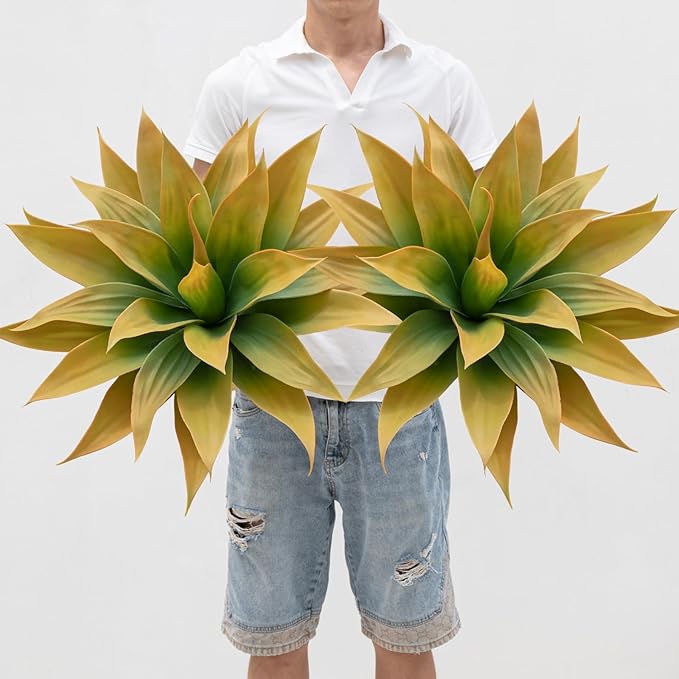 Artificial Plants Outdoor Faux Plant,Artificial Agave Faux Hostas Outdoor Uv Resistant Artificial Plants Indoor Fake Plant Artificial Agave Plant Indoor(2pcs, 28") Yellow-VerdiqueGarden