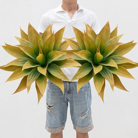 Artificial Plants Outdoor Faux Plant,Artificial Agave Faux Hostas Outdoor Uv Resistant Artificial Plants Indoor Fake Plant Artificial Agave Plant Indoor(2pcs, 28") Yellow-VerdiqueGarden