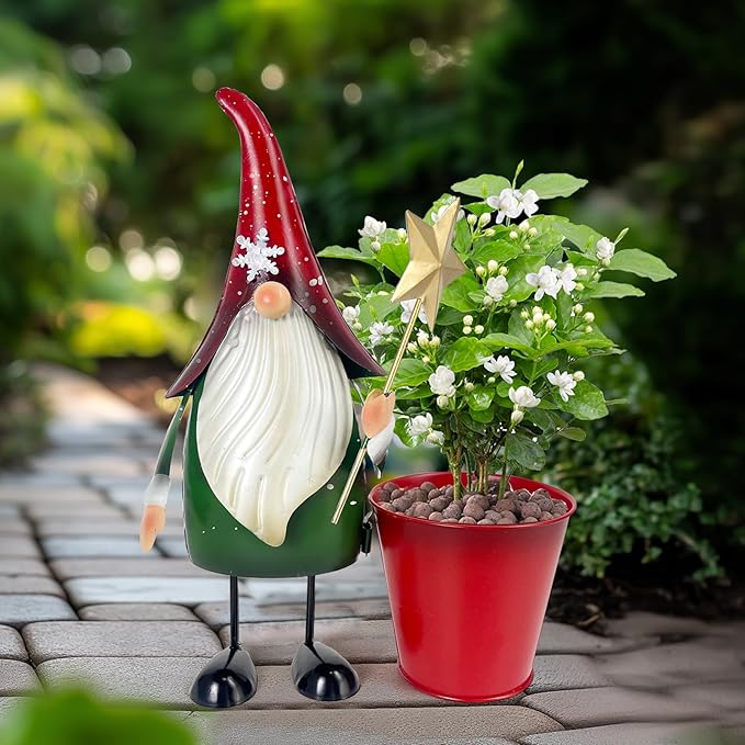 HONGLAND Outdoor Decorations Metal Gnome Yard Art Garden Gnomes Statue 13 Inch Santa Figurine, Succulent Flower Pot, Fun Metal Planter-VerdiqueGarden