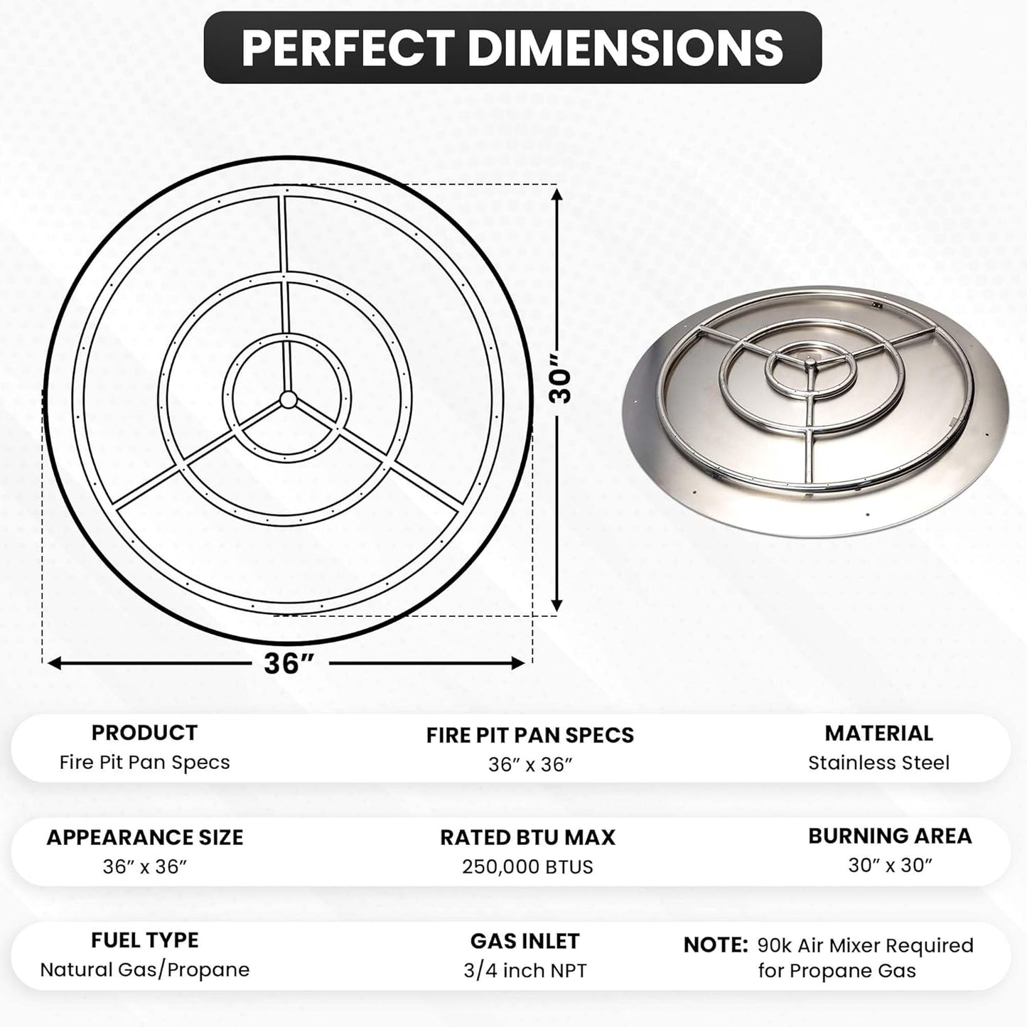 Stainless Steel Fire Pit Burner Pan & Ring, Works with Liquid Propane or Natural Gas, 36-Inch Pan, 30-Inch High Capacity Ring, 250,000 BTU Max-VerdiqueGarden
