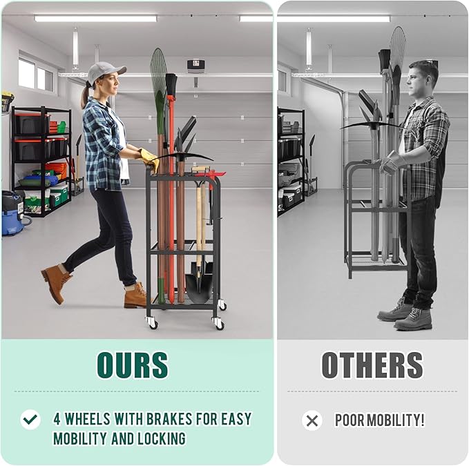 Trieez Garden Tool Organizer for Garage, Yard Tool Organizer with Wheels for Garage Organization and Storage - Sturdy Yard Tool Holder Tool Rack, for Shed, Outdoor, Tool Stand-VerdiqueGarden