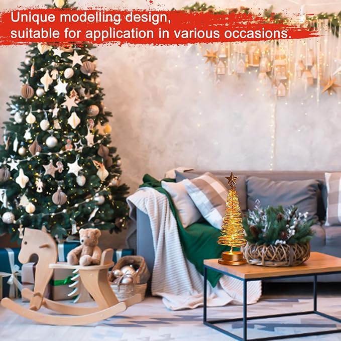 Christmas Tree Lamp, Spiral Christmas Tree with Glittering Star, AA Battery Operated Gold Christmas Tree Light with Metal Stand for Christmas Table Decoration（Batteries not Included）-VerdiqueGarden