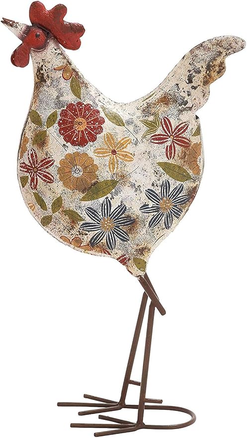 Deco 79 Metal Rooster Decorative Garden Sculpture Indoor Outdoor Distressed Standing Garden Statue with U Shaped Feet, Outdoor Sculpture 10" x 5" x 17", Cream-VerdiqueGarden