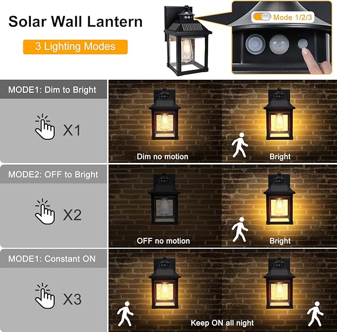Solar Wall Lights Outdoor, Dusk to Dawn Motion Sensor Lights Waterproof, Solar Porch Lights with 3 Modes & Motion Sensor, Lantern Light Fixture for Patio Garage Entryway Garden-VerdiqueGarden