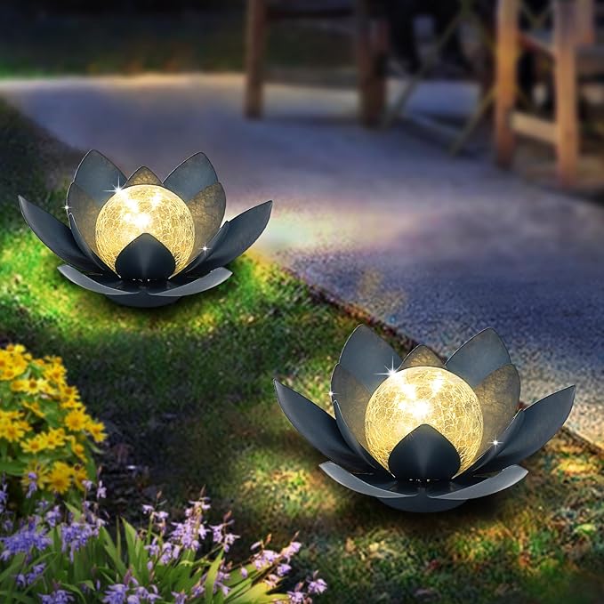 Huaxu Solar Lights Outdoor Garden Decor Crackle Glass Globe Lotus Flower Gray Metal Waterproof Light for Patio, Lawn, Walkway, Tabletop, Ground,Christmas Gifts for Mom,Women-VerdiqueGarden