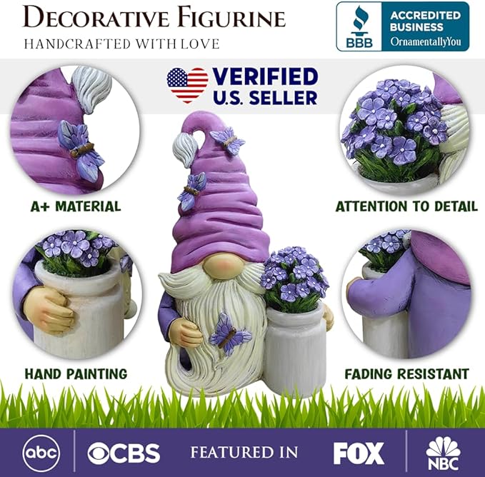 Garden Grace Lavender Gnome Figurine, 10" Purple Home Decor Statue with Butterflies and Flowers-VerdiqueGarden