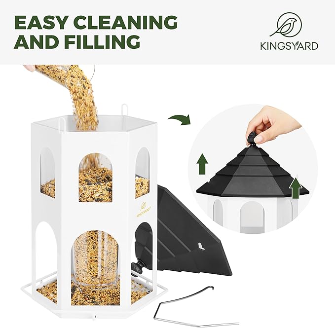 Kingsyard Metal Bird Feeder for Outdoor Hanging, Wild Bird Feeders with Circular Perch, Easy to Clean & Refill, 4 lbs Large Seed Capacity, White-VerdiqueGarden