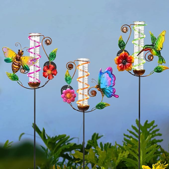 LEWIS&WAYNE 36.3” Butterfly Rain Gauge Outdoor, 7” Glass Tube Solar Powered 10 Warm White LEDs Garden Metal Stakes Decorative Waterproof for Yard Garden Patio Lawn-VerdiqueGarden