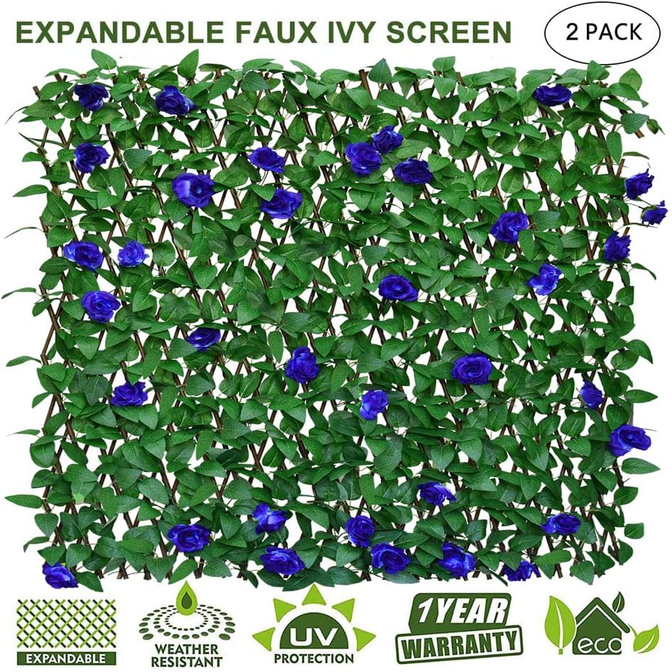 Expandable Fence Privacy Screen for Balcony Patio Outdoor,Decorative Faux Ivy Fencing Panel,Artificial Hedges (Single Sided Leaves) (2, Blue Flowers)-VerdiqueGarden