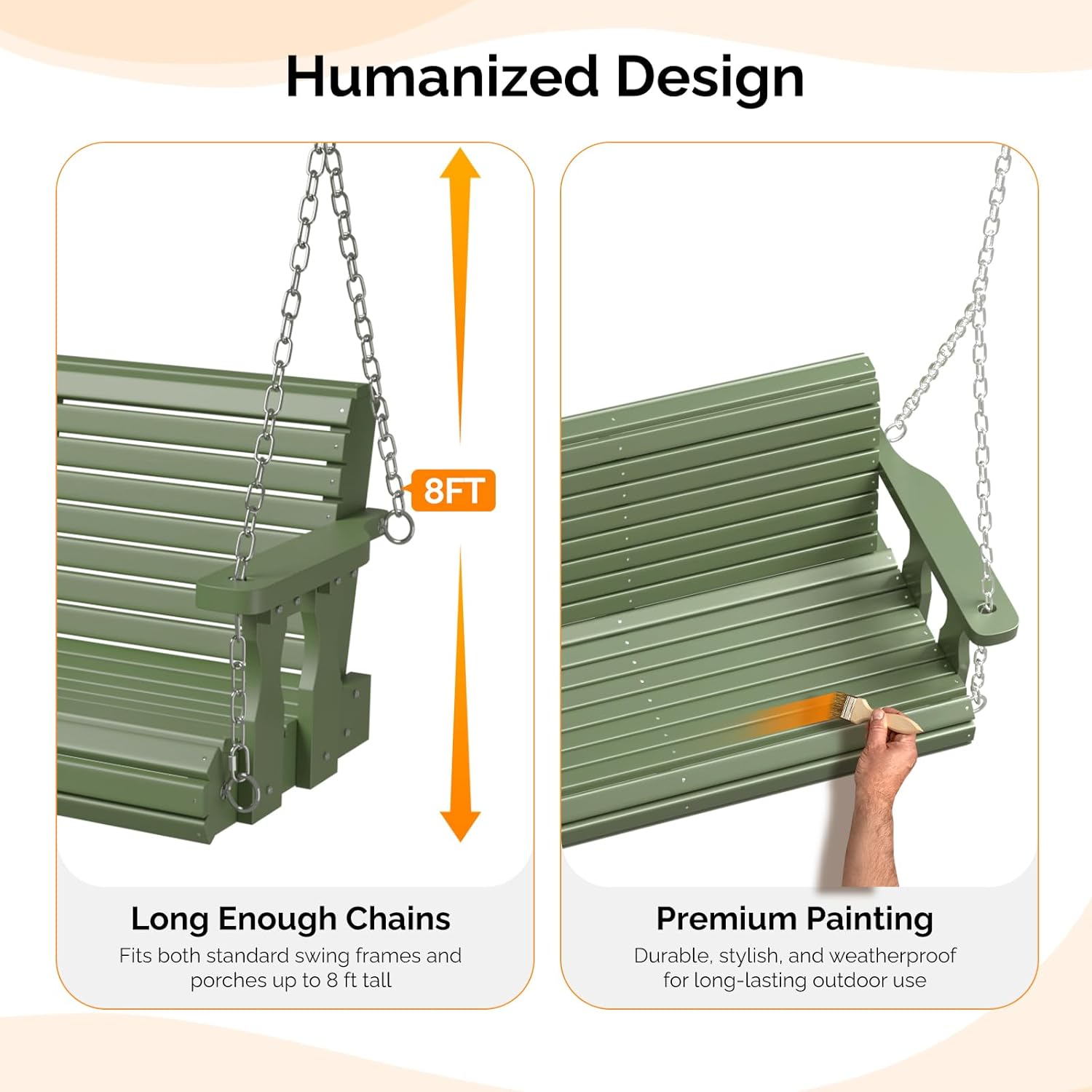VINGLI Upgraded Patio Wooden Porch Swing for Courtyard & Garden, Heavy Duty 880 LBS Swing Chair Bench with Hanging Chains for Outdoors (Green, 4 FT)-VerdiqueGarden