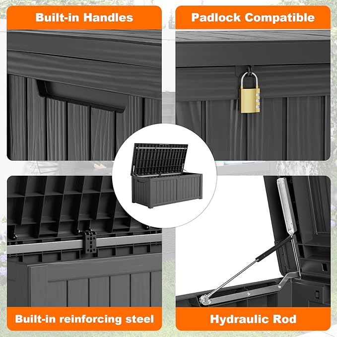 DRATO 120 Gallon Large Deck Box, Outdoor Storage Box for Patio Furniture, Patio Cushions, Gardening Tools, Pool Supplies,660lbs Weight Capacity,Waterproof Resin Storage Boxes-VerdiqueGarden