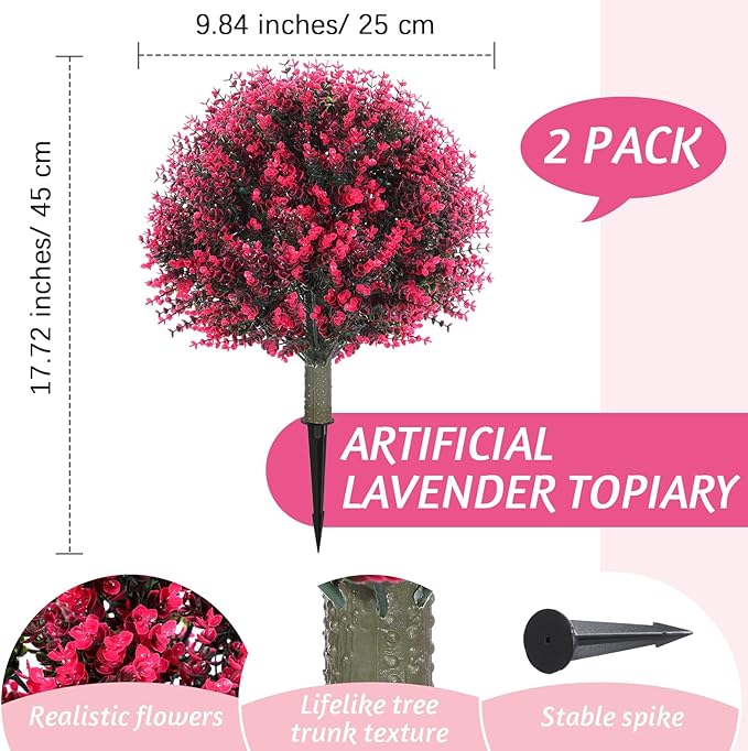 Yunlly 2 Pcs 18 Inch Artificial Boxwood Ball Topiary Tree Fake Outdoor Plants Bush, UV Resistance Faux Shrubs with Spike Realistic Greenery Potted for Indoor Garden Yard Porch Patio Decor (Rose Red)-VerdiqueGarden