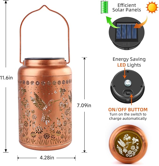 Hummingbird Solar Lanterns Outdoor Waterproof Hanging Solar Lights Metal Decorative LED Lanterns Outside Decor for Garden,Yard,Patio,Lawn Christmas Gifts for Women Mom-VerdiqueGarden