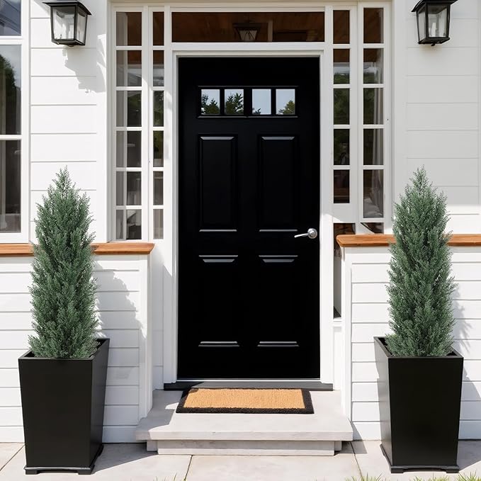 THE BLOOM TIMES 4ft Topiary Trees Artificial Outdoor 2 Pack – UV Resistant Faux Cedar Pine Cypress Bushes and Shrubs, Fake Potted Plants for Front Porch Outside Planter Patio Decor, Set of 2 (4 Foot)-VerdiqueGarden