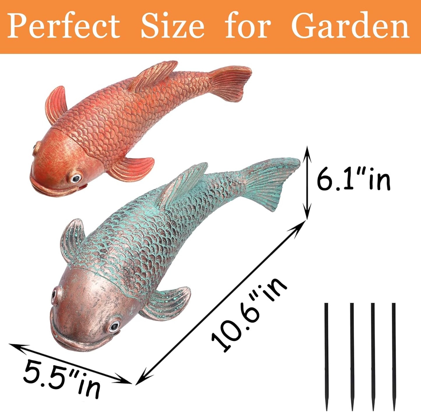 10.8" Resin Koi Pond Kit, 2Pcs Antique Koi Fish Garden Statues, Yard Pond Decor, Large Outdoor Statues Ornaments, Real Fish Sculpture Art, Garden for Outdoors-VerdiqueGarden