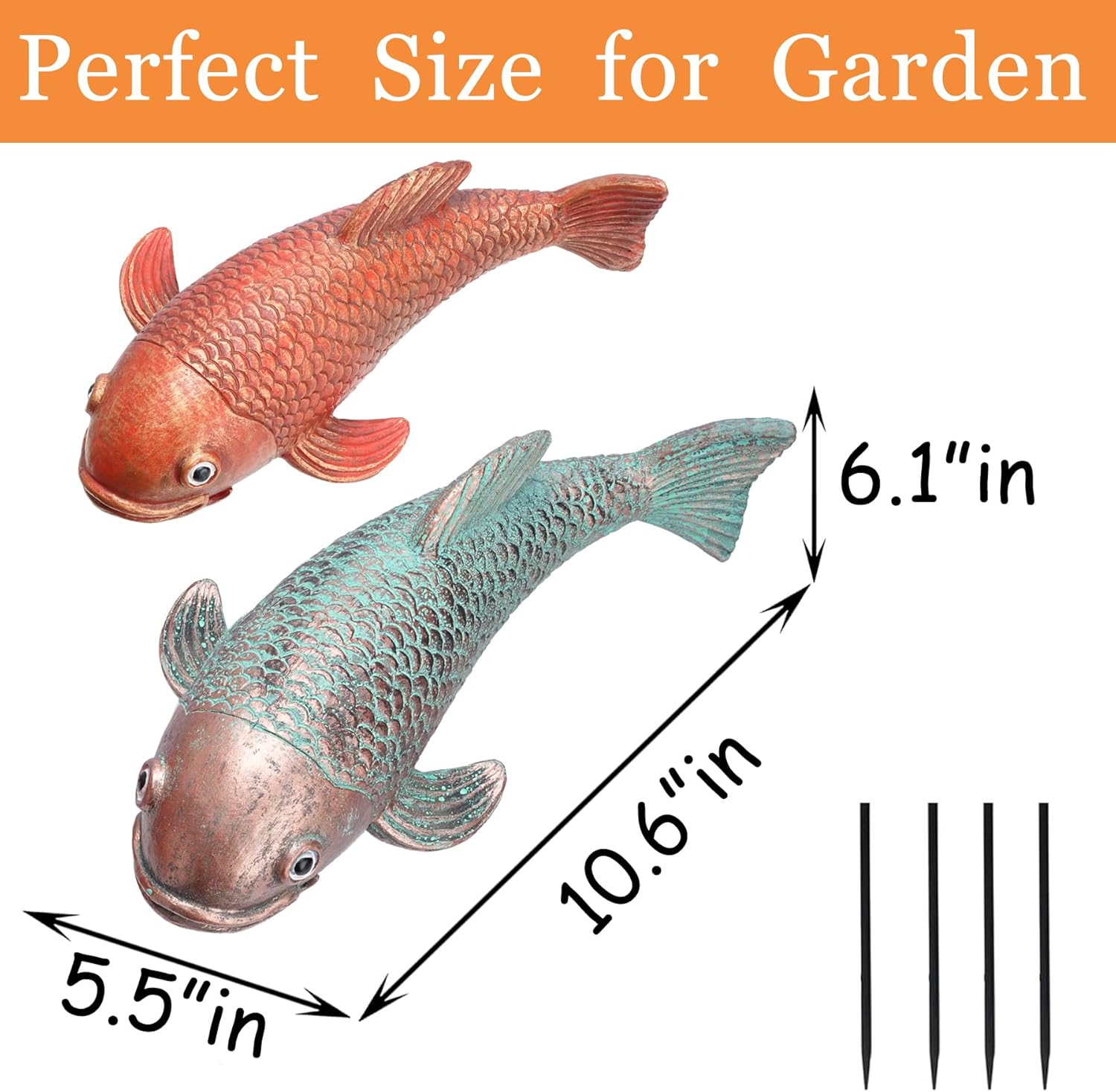 10.8" Resin Koi Pond Kit, 2Pcs Antique Koi Fish Garden Statues, Yard Pond Decor, Large Outdoor Statues Ornaments, Real Fish Sculpture Art, Garden for Outdoors-VerdiqueGarden