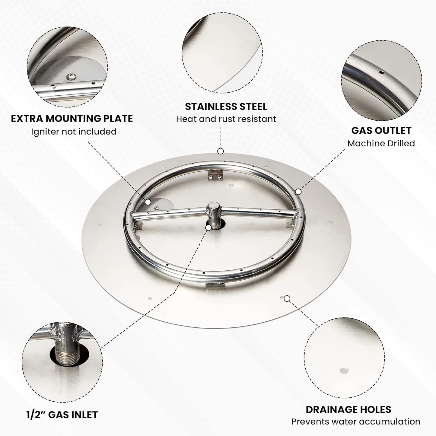 Stainless Steel Fire Pit Burner Pan & Ring, Works with Liquid Propane or Natural Gas, 18-Inch Pan, 12-Inch Ring, 90,000 BTU Max-VerdiqueGarden