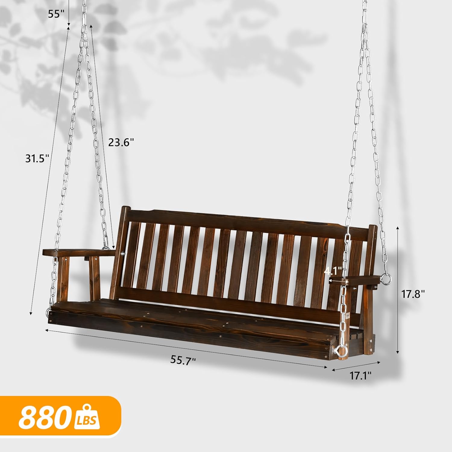 VINGLI Heavy Duty 880 LBS 5 FT Patio Wooden Porch Swing Outdoor with Upgraded Adjustable Chains, Outdoor Hanging Swing Bench for Garden, Yard, Balcony (5 FT, Rustic)-VerdiqueGarden