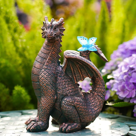 Garden Decor Solar Dragon Statues: Outdoor Sculptures with Glowing Butterfly for Lawn Ornaments Yard Art Porch Patio Balcony - Gifts for Mom Grandma Women-VerdiqueGarden
