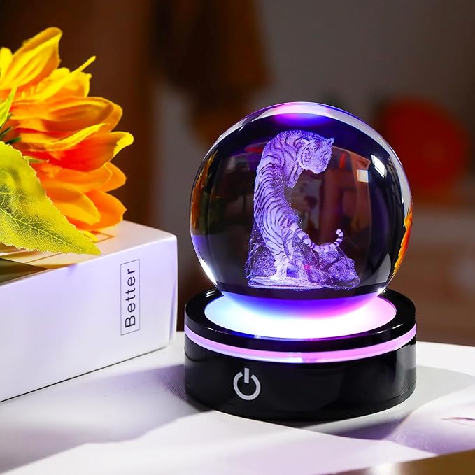 YWHL 3D Tiger Figurine Crystal Ball with Colorful Light Base, Tiger Gifts for Women Men, 3D Laser Engraved Full Sphere Glass Decorative Ball for Home Office (80mm)-VerdiqueGarden