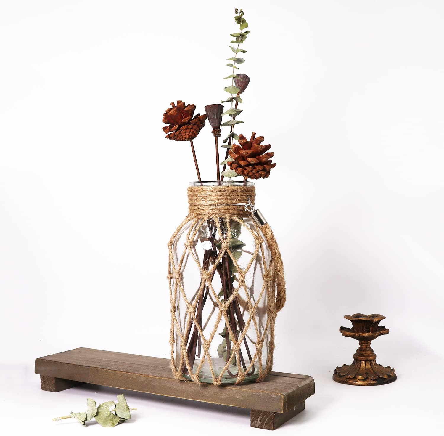 Rustic Hanging Mason Jar Creative Rope Net Dry Flower Glass Vase with Handle (1 Vase 8")-VerdiqueGarden