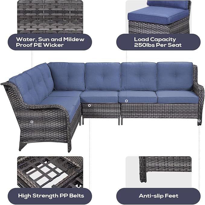 Outdoor Furniture Sectional Sofa L Shaped Couch - Patio Wicker Set with 2 Swivel Glider Chairs, 5 Piece Rattan Patio Conversation Sets with Blue Cushion for Deck Backyard Sunroom-VerdiqueGarden