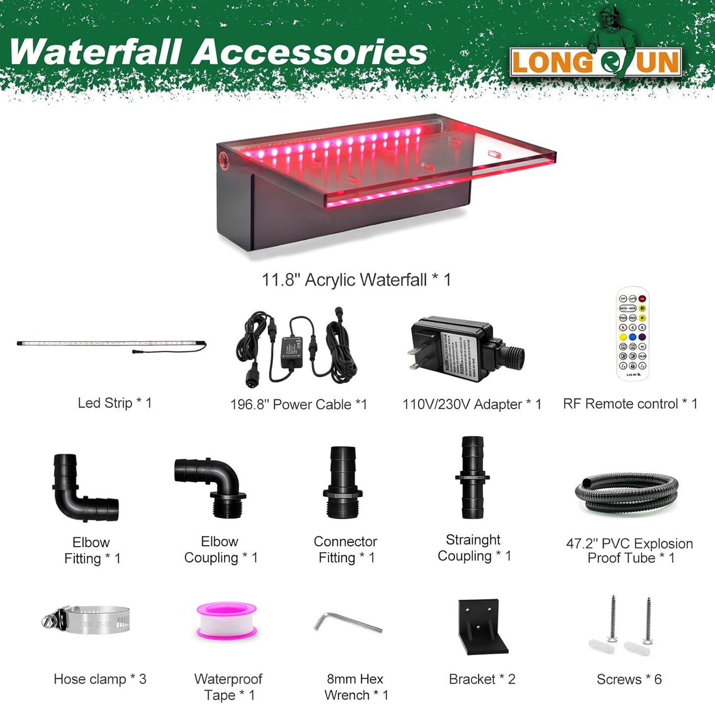 LONGRUN Waterfall Spillway APP Control Multi-Color LED Light Outdoor Pool Fountain, Acrylic Water Spillway Koi Pond Waterfalls Fountains Kit for Garden Patio Swimming Pool Decoration-11.8"-VerdiqueGarden