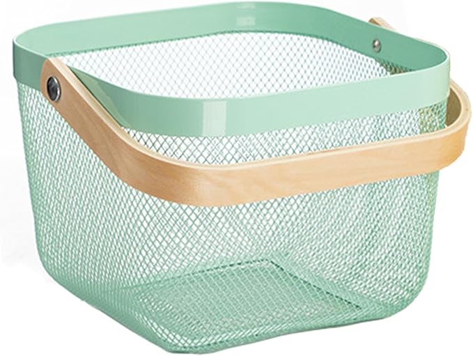 Metal Mesh Steel Basket, Storage Organizer Basket Multi-functional Hanging Kitchen Baskets Fruit Basket with Wooden Handle for Kitchen Bathroom Picnic Shopping Decor Cabinet Home, Macaron Blue-VerdiqueGarden