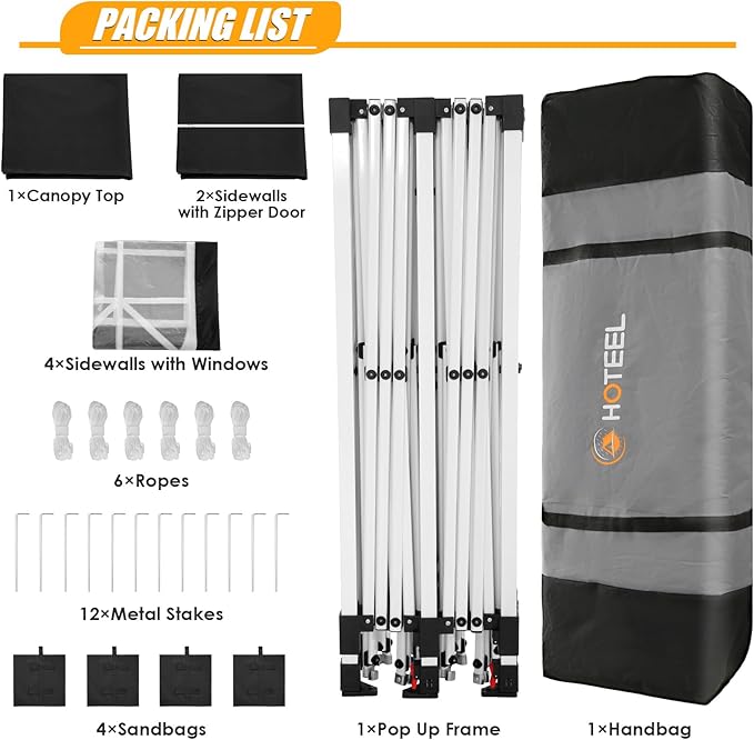 HOTEEL 10x20 Pop up Canopy with 6 Sidewalls, One Push Instant Setup Outdoor Canopy Tent with Reinforce Rod, Weight Bag, for Parties, Events, Black-VerdiqueGarden