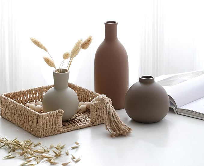 Ceramic Vase Set of 3, Vases Home Decor Rustic Farmhouse Decorative Vase Pottery Vases for Bouquet Pampas Grass Dried Fresh Flowers, Table Living Room Kitchen Bedroom Bathroom - Brown-VerdiqueGarden
