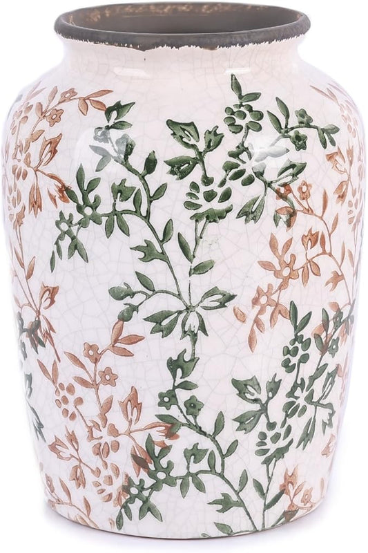 Vintage Vase for Flowers,Green Chinoiserie Ceramic Vase,Rustic Farmhouse Cracked Vases,for Flower Arrangement,Living Room, Office, Shelf, Fireplace Tables,Centerpieces,Chinoiserie Pottery Decor(D)-VerdiqueGarden