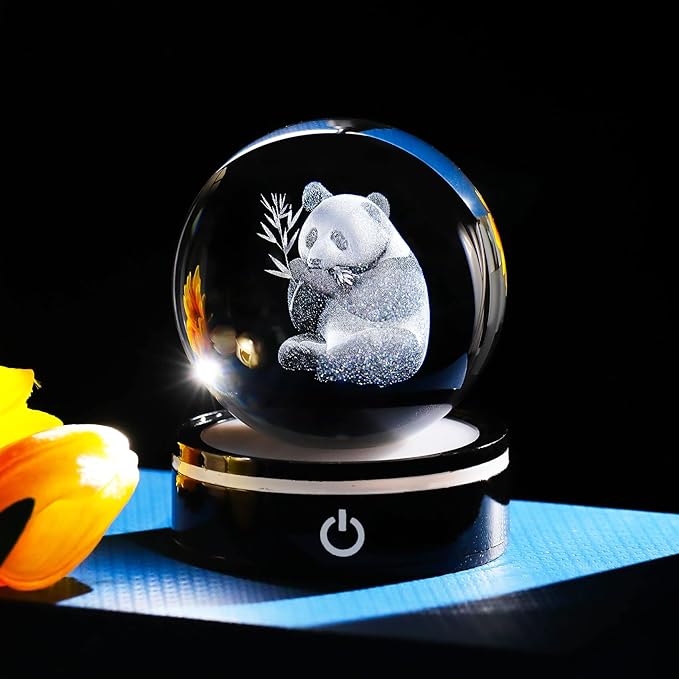 YWHL 3D Panda Figurine Crystal Ball with Colorful Light Base, Panda Gifts for Women Men on Christmas Birthday, 3D Laser Engraved Full Sphere Glass Decorative Ball for Home Office (80mm)-VerdiqueGarden