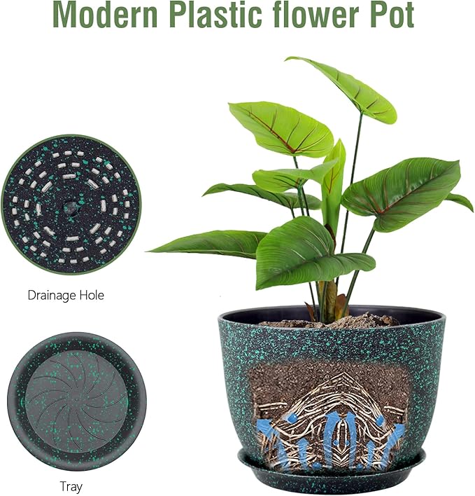 12 inch Large Plant Pots, Plastic Planters with Drainage Holes and Saucers, Flower Pots for Indoor Outdoor Plants, Decorative Pots for Garden House Plants, Black with Green Speckles-VerdiqueGarden
